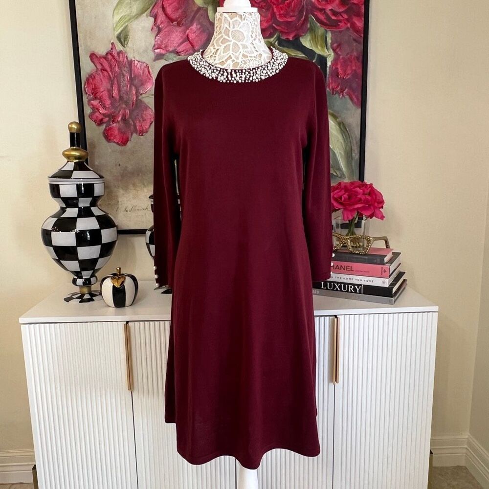 Karl Lagerfeld Women's Pearl Collar Bow Knit Sweater Midi Dress Merlot Red Large